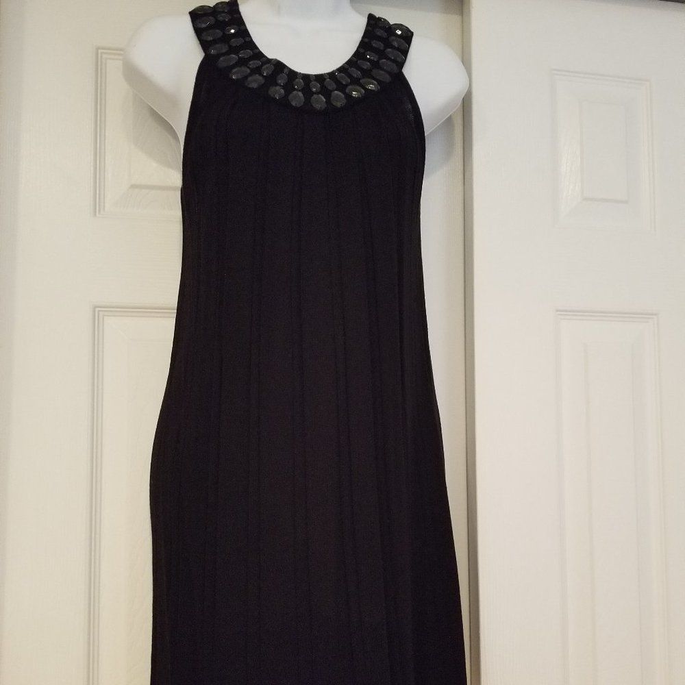 Black Knitted Sleeveless Dress with embellished neckline by KENAR